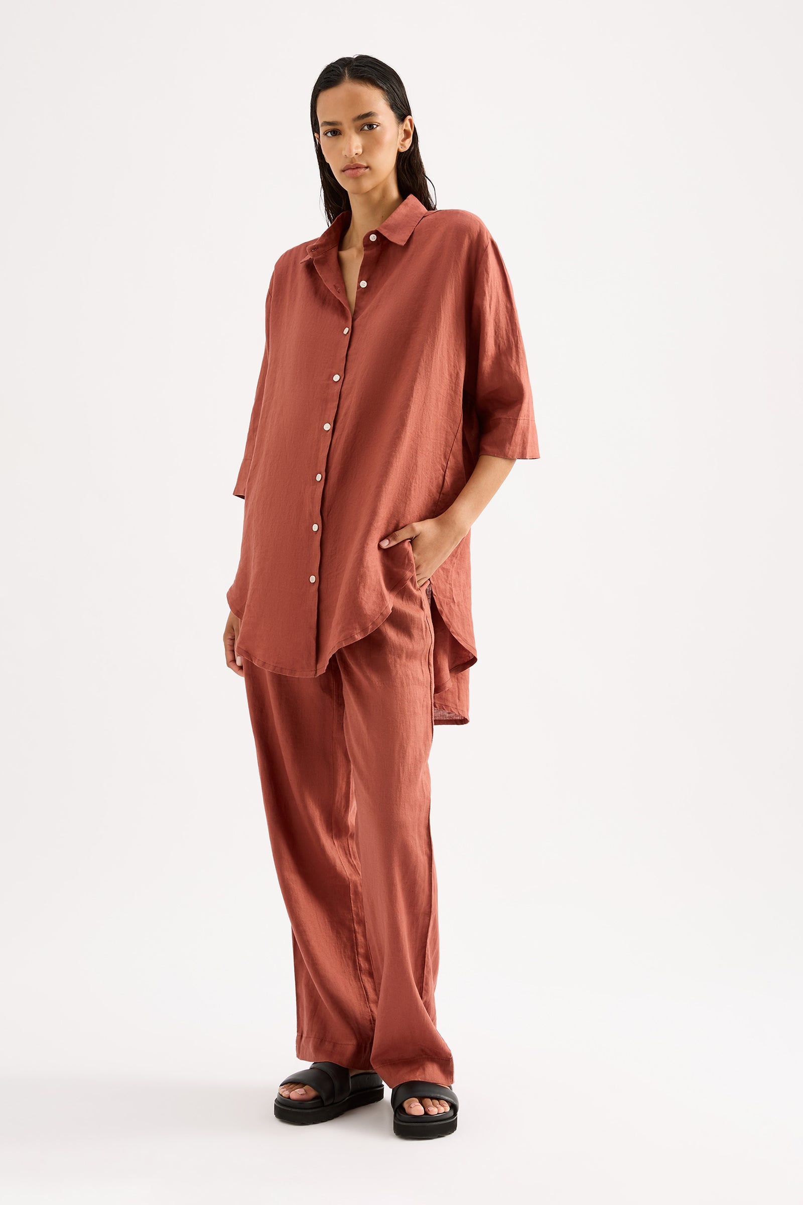 Lounge Linen Longline Shirt Rust 