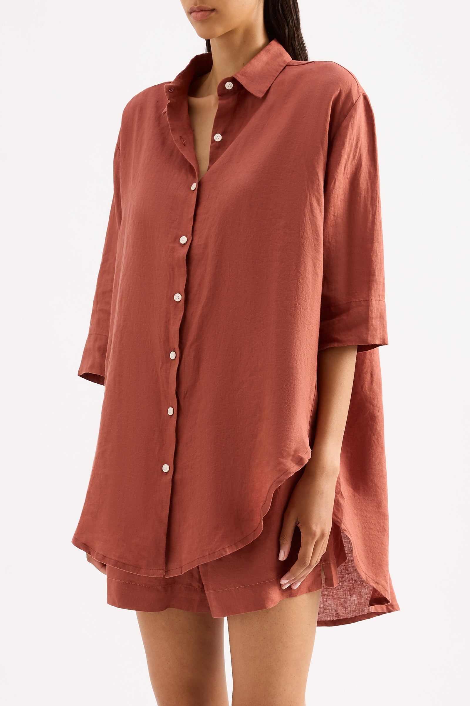 Lounge Linen Longline Shirt Rust 